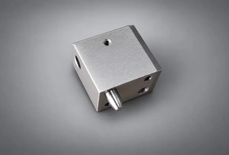 Machined steel locating block with tapped hole and dowel pin