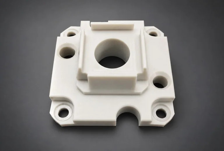 White alumina ceramic block with central bore and four mounting holes